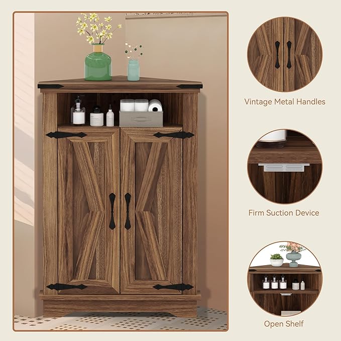 GarveeHome Corner Bathroom Cabinet, Small Corner Cabinet with Barn Doors & Adjustable Shelf, Farmhouse Bathroom Table with Storage for Small Spaces, Kitchen, Living Room, Brown