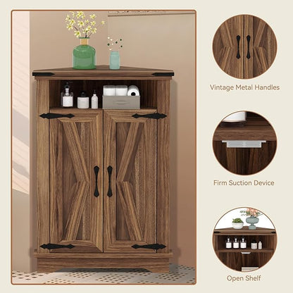 GarveeHome Corner Bathroom Cabinet, Small Corner Cabinet with Barn Doors & Adjustable Shelf, Farmhouse Bathroom Table with Storage for Small Spaces, Kitchen, Living Room, Brown