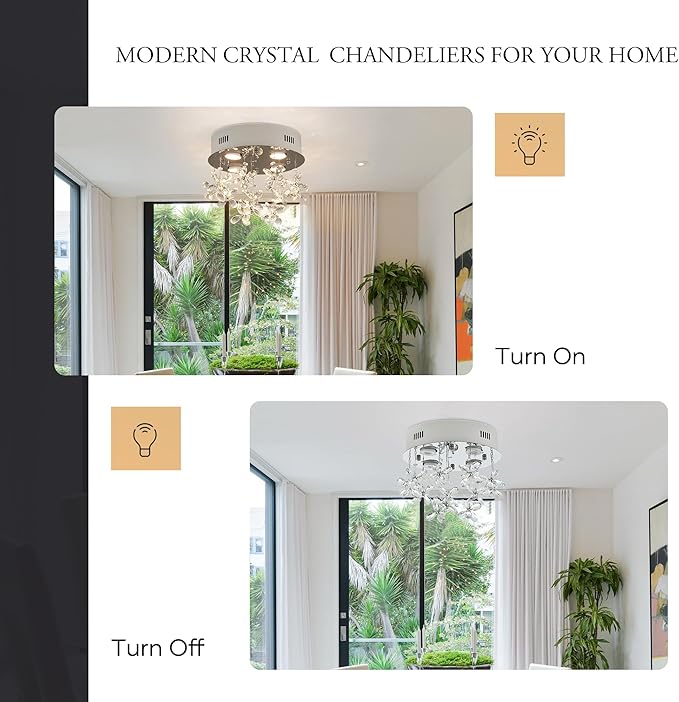 4-Lights Modern Chandelier K9 Crystal Lighting Fixture,11.8 Inch Round Silver Stainless Steel Flush Mount Ceiling Lights for Bedroom Foyer Hallway Dining Room,GU10 Bulbs Include