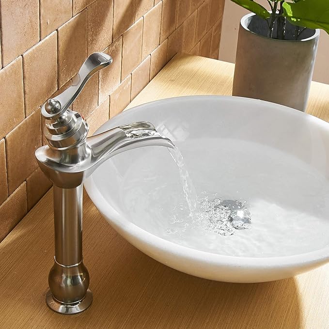 BWE Vessel Sink Faucet Waterfall Brushed Nickel with Pop Up Drain Assembly and Supply Hose Single-Handle Single Hole Bathroom Faucet Lavatory Mixer Tap Tall Body
