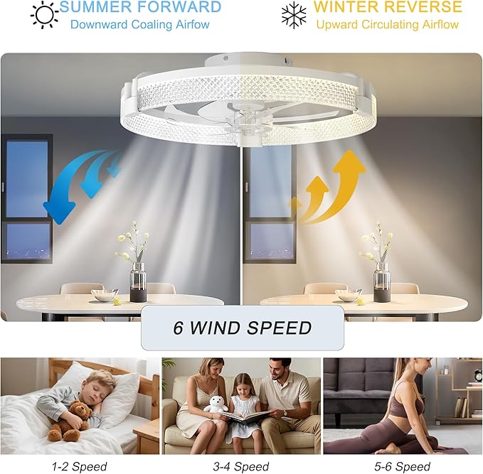 Garwarm 19.7" Ceiling Fans with Lights,Small Ceiling Fan with Lights and Remote, LED Dimmable 3000K–6000K LED Fandelier Flush Mount, DC Motor, for Bedroom, Kitchen, Office