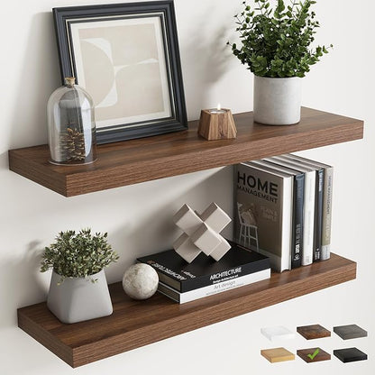 30 Inch Floating Shelves for Wall Set of 2, 8"D Wood Grain Bathroom Shelves with Invisible Brackets, Easy Install Engineered Wood Storage Shelves for Kitchen, Living Room, Bedroom, Walnut Finish
