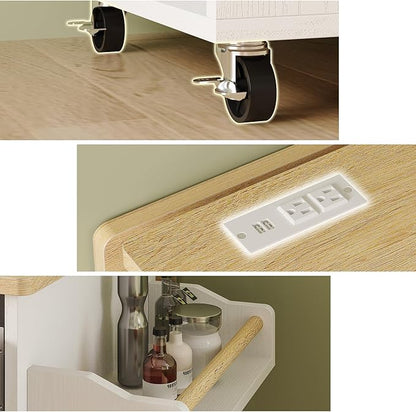 IRONCK Rolling Kitchen Island with Storage, Kitchen Cart Cabinet with Drop-Leaf & Charging Station Drawer & Shelves & Spice Rack 47" W x 30" D White