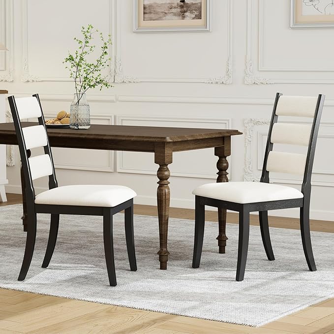 Upholstered Dining Chairs Set of 2, Rustic Chenille Ladder High Back Dining Room Kitchen Side Chairs with Non-Slip Foot Mats, Beige