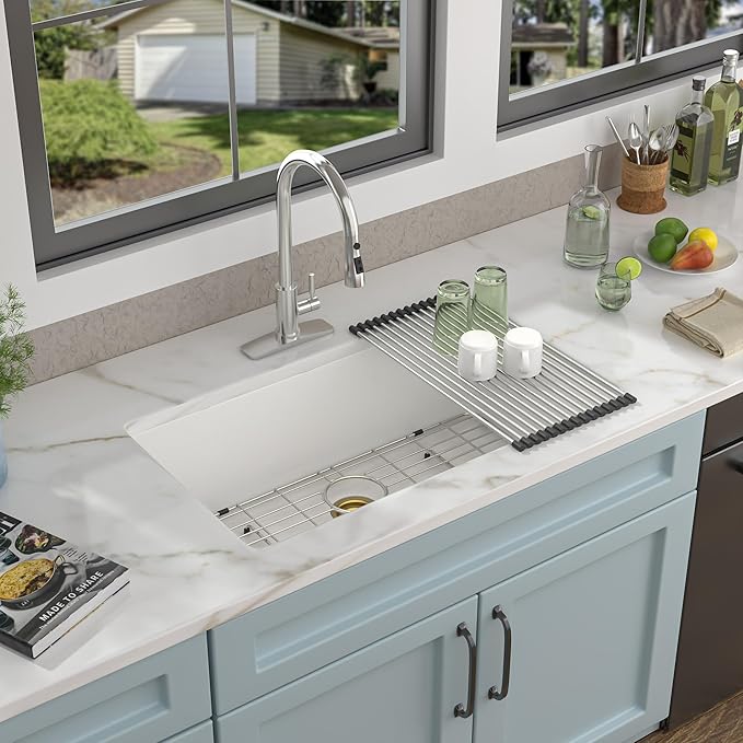 33 Granite Composite Kitchen Sink - Fulorni 33"×19" Granite Kitchen Sink Undermount White Quartz Classic Under Counter Single Bowl Sink Basin