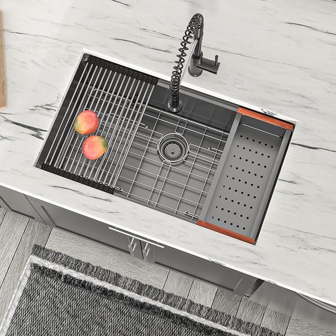 Dcolora 33" Black Undermount Kitchen Sink Workstation NANO-PVD Kitchen Sinks with Ledge Round Corner 16 Gauge Stainless Steel Single Bowl Basin, Gunmetal Black 33"x19’x10", DC-U7706