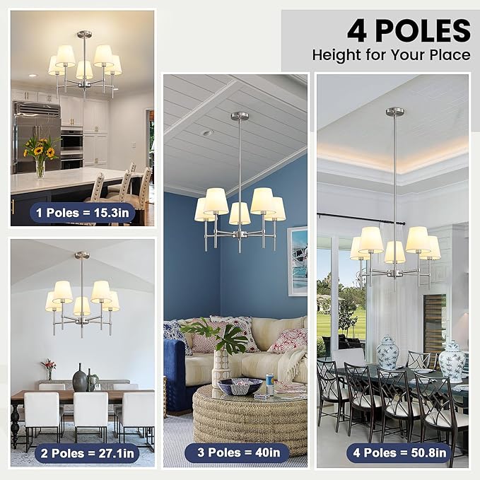 RUIYEY Dining Room Chandeliers Light - 5-Light Brushed Nickel Modern Chandeliers Light Fixtures with White Fabric Shade, Height Adjustable Pendant Island Lights for Entryway Farmhouse