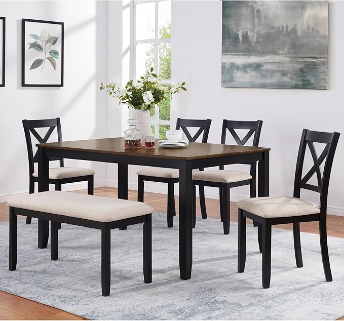 6 Piece Wooden Dining Table Set with Bench, Classic Farmhouse Dining Table Set for 6, Timeless Black and Oak Two Tone Dining Room Set for Kitchen and Dining Room