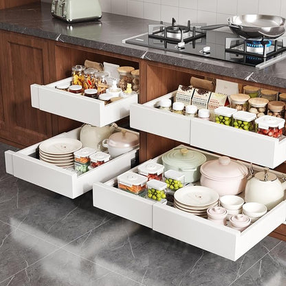 Seinloes 2 Pack Pull Out Cabinet Organizer Expandable Width(13"-21") and Depth(13"-17"),Slide Out Drawers With Raising Pad for Framed Cabinets,No Drill Roll Out Shelves for kitchen,Bathroom,White