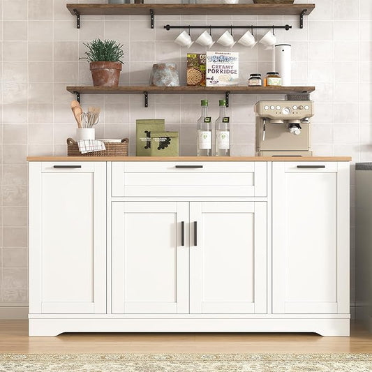 34.1"H Folding Dining Table with Drawers and Cabinets, Kitchen Island with Adjustable Shelves and 3-Tier Pull-Out Rack, Multi-Functional Storage Sideboard for Kitchen, Dining Room, Living Room (White)