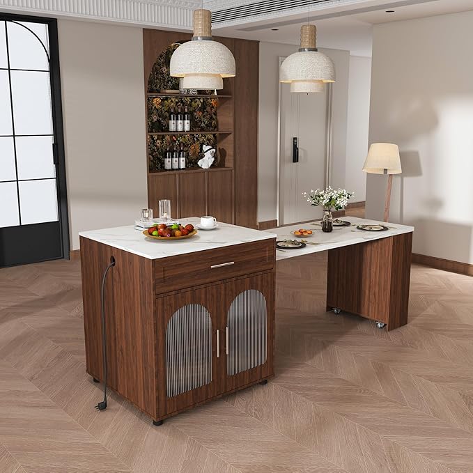 GOWE 80-Inch Expandable Kitchen Island Dining Set with 4 Solid Wood Chairs, Walnut Marble-Grain Countertop with Power Outlet, Mobile Storage Cart with Cabinet & 2 Drawers