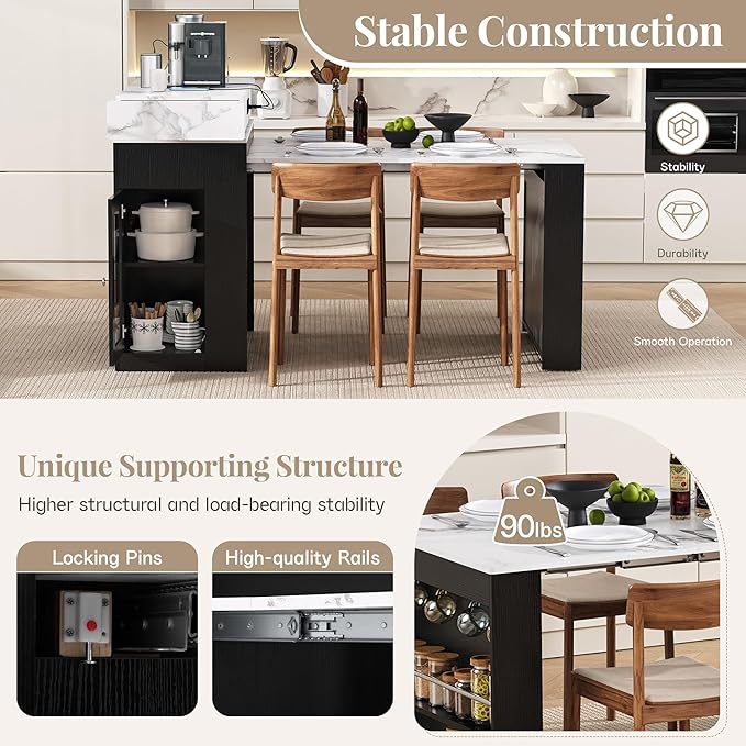 Farmhouse Extendable Dining Table with Storage Sideboard, Shelves and Drawers, Wood Island Table with Hooks and Charging Station, Bar Table for Kitchen, Dining Room, Home Bar, Black+Marble White