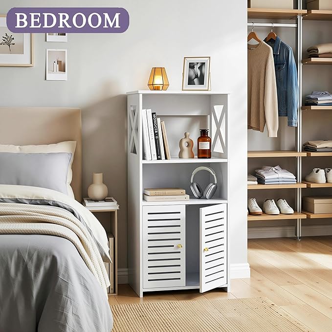 BYFU Bathroom Storage Cabinet, 4-Tier White Small Floor Cabinet Freestanding Organizer with Door and Shelf for Living Room Hallway Kitchen Small Space