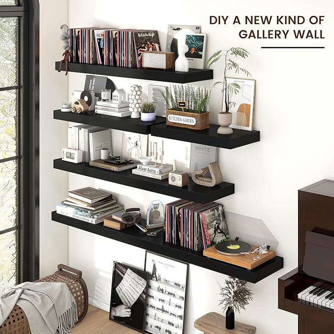 Venusmiles Floating Shelves for Wall, Engineered Wood Wall Shelves with Invisible Brackets for Living Room Bedroom Bathroom Office Kitchen Decor and Storage (Black, 48" W x 9" D x 1.5" H) Set of 2