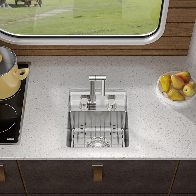 13"x15" Undermount RV Kitchen Sink Workstation – 16 Gauge 304 Stainless Steel Under Counter Single Bowl Basin with Foldable Faucet for RV, Camper, Mobile Home, Wet Bar, Outdoor Kitchen
