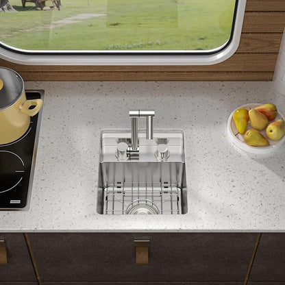 13"x15" Undermount RV Kitchen Sink Workstation – 16 Gauge 304 Stainless Steel Under Counter Single Bowl Basin with Foldable Faucet for RV, Camper, Mobile Home, Wet Bar, Outdoor Kitchen