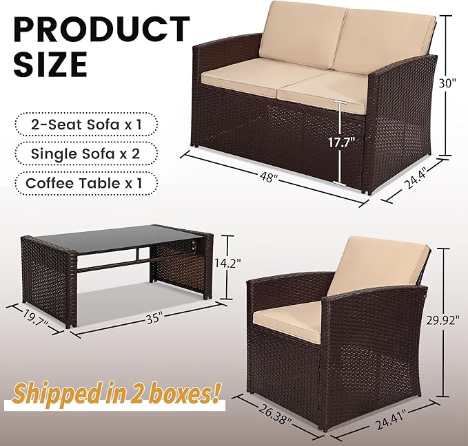 KROFEM 4-Piece Patio Furniture Set, Wicker Outdoor Rattan Sectional Sofa with Cushions and Glass Table, All-Weather Outdoor Conversation Set, Ideal for Garden, Porch, Backyard, Beige