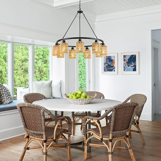 9-Light 32" Boho Rattan Chandeliers for Dining Room,Farmhouse Wagon Wheel Chandeliers,Adjustable Height Hanging Round Pendant Lighs for Kitchen Island,Wicker Lampshade Chandelier Light Fixture