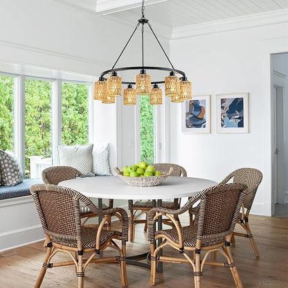 9-Light 32" Boho Rattan Chandeliers for Dining Room,Farmhouse Wagon Wheel Chandeliers,Adjustable Height Hanging Round Pendant Lighs for Kitchen Island,Wicker Lampshade Chandelier Light Fixture