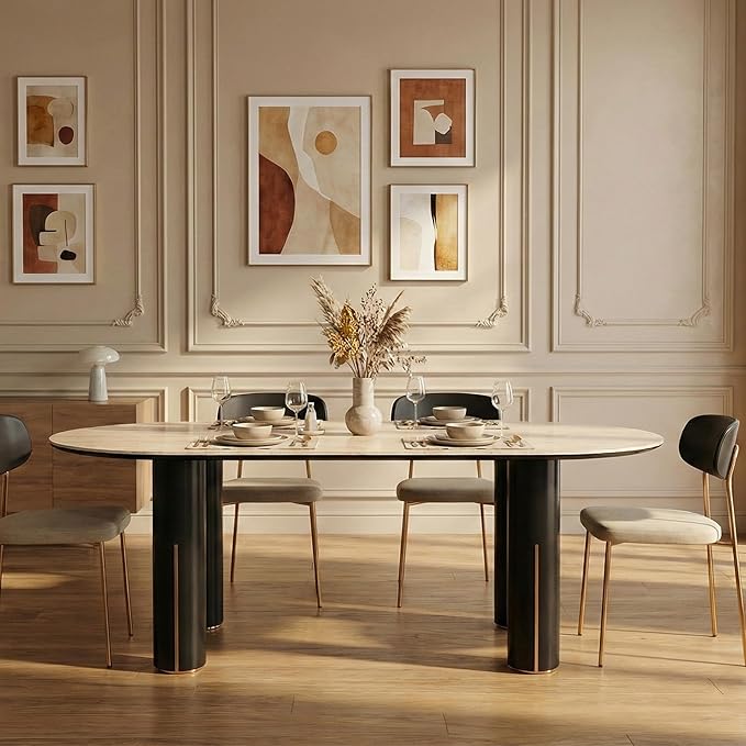 71'' Modern Dining Table for 4-6, Luxury Oval Sintered Stone Kitchen Table with Solid Wood Legs, Mid-Century Farmhouse Dining Room Table for Living Room