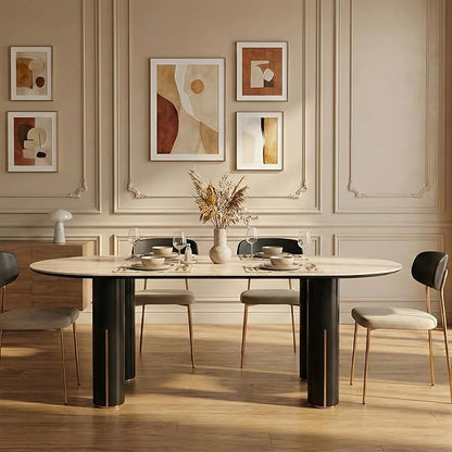 71'' Modern Dining Table for 4-6, Luxury Oval Sintered Stone Kitchen Table with Solid Wood Legs, Mid-Century Farmhouse Dining Room Table for Living Room
