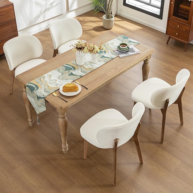 YOUNIKE Dining Chair with High Back Set of 4 Mid Century Modern Kitchen Chair Boucle Fabric Upholstered Armless Chair 20" Wide Padded Seat with Wooden Leg for Kitchen Dining Living Room Bedroom Beige