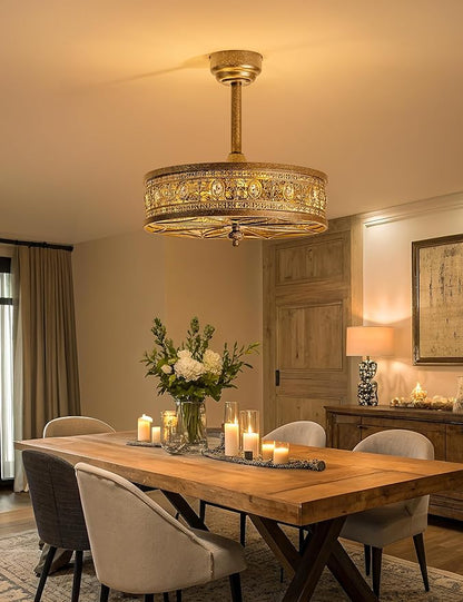 Chandelier Ceiling Fan with Light,Antique Bronze Caged Bladeless Enclosed Fandelier,Vintage Ornate Elegant Crystal Light Fixture,Hanging/Flush Mount for Bedroom,Kitchen Island,Dining Room,Living Room