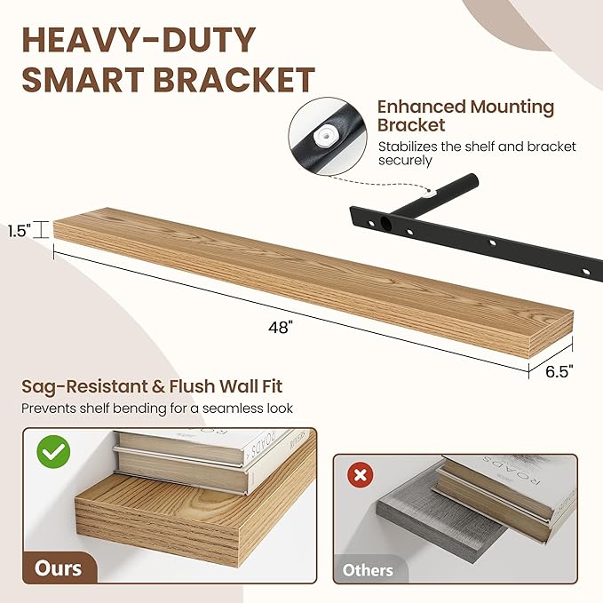 Acovy 48 Inch Floating Shelves for Wall 2 Pack, 48" Wall Shelves for Books, Storage, Decor, Wall Mounted Floating Shelf with Invisible Brackets for Kitchen, Living Room, Light Brown