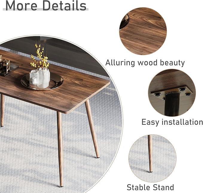 47" Stable MDF Dining Table, Island Table with Metal Legs, Rustic Dining Tables with Anti-Slip Pads for Kitchen, Walnut