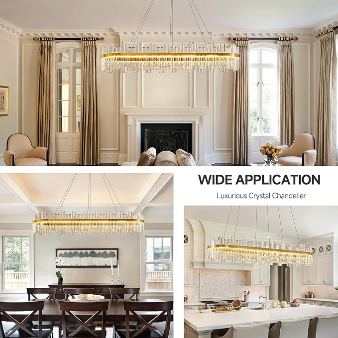 Gold Led Modern Crystal Chandelier: 52" Rectangle Linear 3 Color Dimmable Large Chandelier for Dining Room Over Table - Luxury Rectangular Contemporary Oval Light Fixture for Living Room Bedroom Foyer