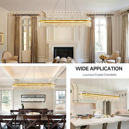 Gold Led Modern Crystal Chandelier: 52" Rectangle Linear 3 Color Dimmable Large Chandelier for Dining Room Over Table - Luxury Rectangular Contemporary Oval Light Fixture for Living Room Bedroom Foyer