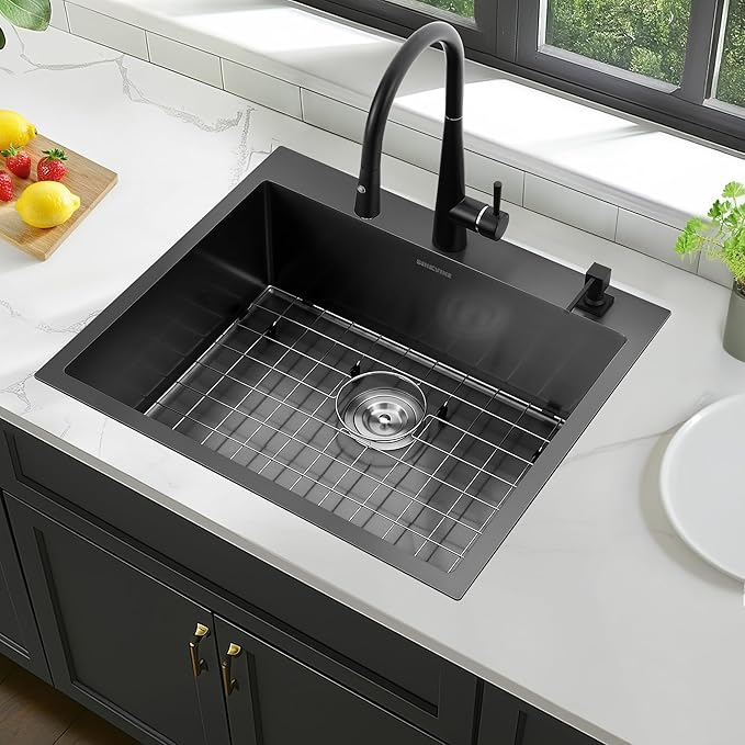 Drop-In Deep Laundry Sink 25 x 22 inch Black, SINKVINE Single Bowl Nano Stainless Steel Kitchen Sink for Outdoor and Indoor Top Mount, with Drain Strainer, Bottom Grid, Roll-up Drying Unit, Dark Gray