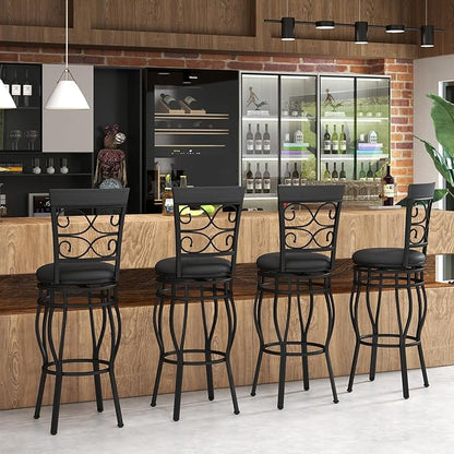 WATERJOY Retro Bar Chairs Set of 4, 360 Degree Swivel Padded Bar Stools Leather Seat Bistro Dining Kitchen Pub Metal Chairs