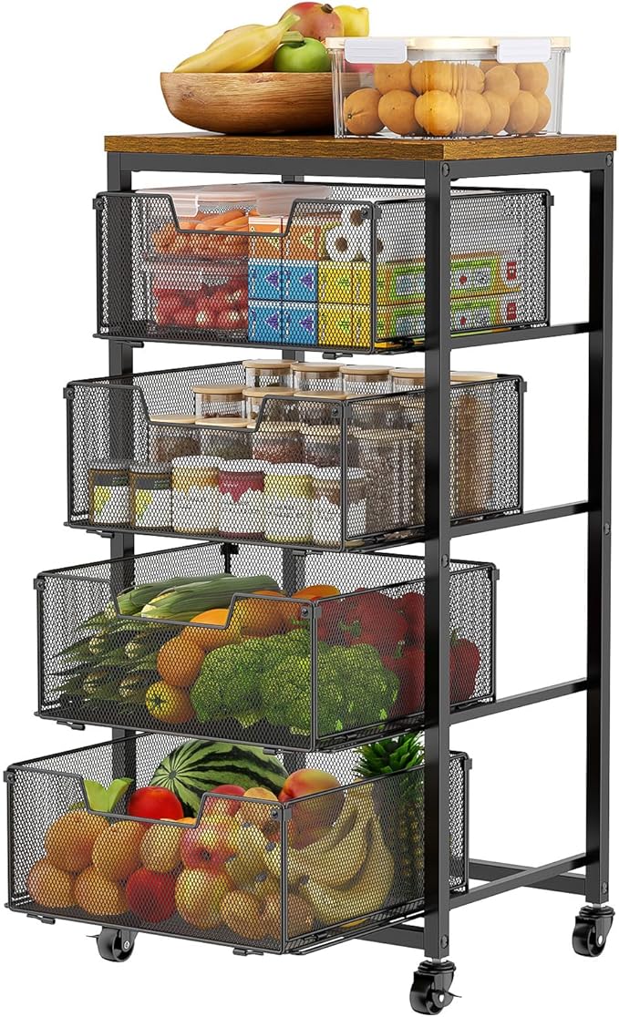 Kitchen Rolling Cart with Drawers, 4-Tier Fruit Vegetable Storage Cart on Wheels with Wooden Top, Kitchen Rolling Storage Rack to Storage Cans Snacks and Potato for Kitchen，(Patent Pending)