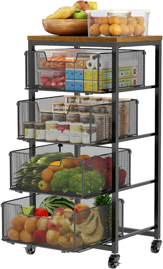 Kitchen Rolling Cart with Drawers, 4-Tier Fruit Vegetable Storage Cart on Wheels with Wooden Top, Kitchen Rolling Storage Rack to Storage Cans Snacks and Potato for Kitchen，(Patent Pending)