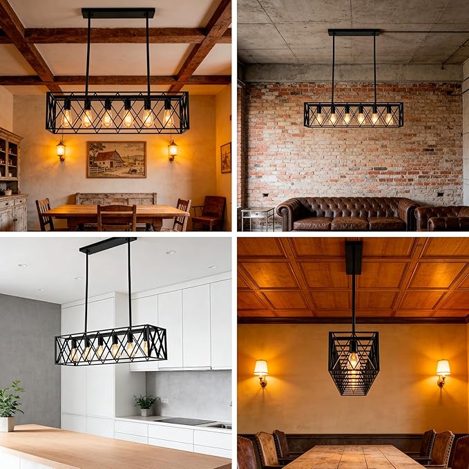 Farmhouse Chandelier for Dining Room Kitchen Island Pendant Lighting 6-Light Black Metal Industrial Bar Chandelier Vintage Hanging Rectangle Linear Light Fixtures