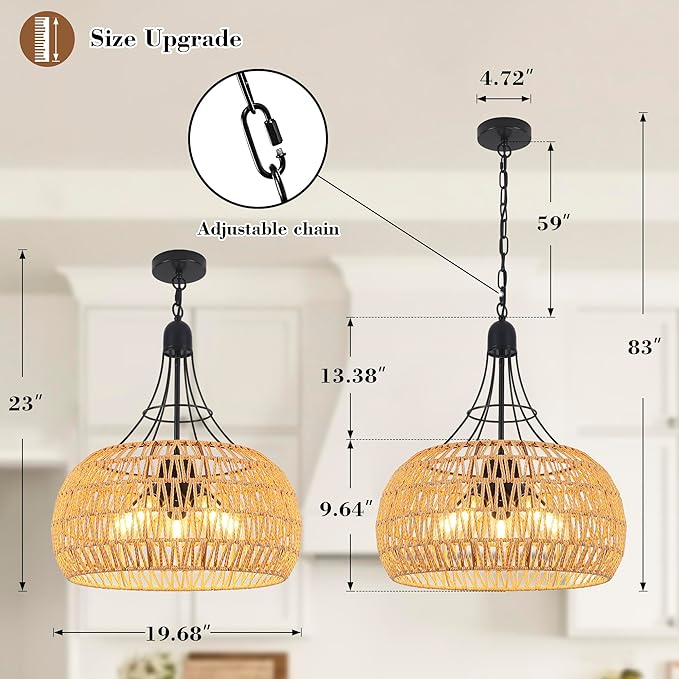 20" Rattan Farmhouse Chandeliers for Dining Room, 5-Light Boho Rattan Chandelier Light Fixtures with Woven Wicker Lampshade, Rustic Pendant Lighting for Kitchen Island, Living Room