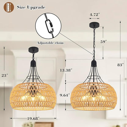 20" Rattan Farmhouse Chandeliers for Dining Room, 5-Light Boho Rattan Chandelier Light Fixtures with Woven Wicker Lampshade, Rustic Pendant Lighting for Kitchen Island, Living Room