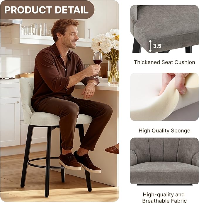 24" Counter Height Bar Stools Set of 4, Swivel Bar Stools with Backs, Fabric Upholstered Counter Barstools with Solid Wood Legs for Kitchen Island,Grey