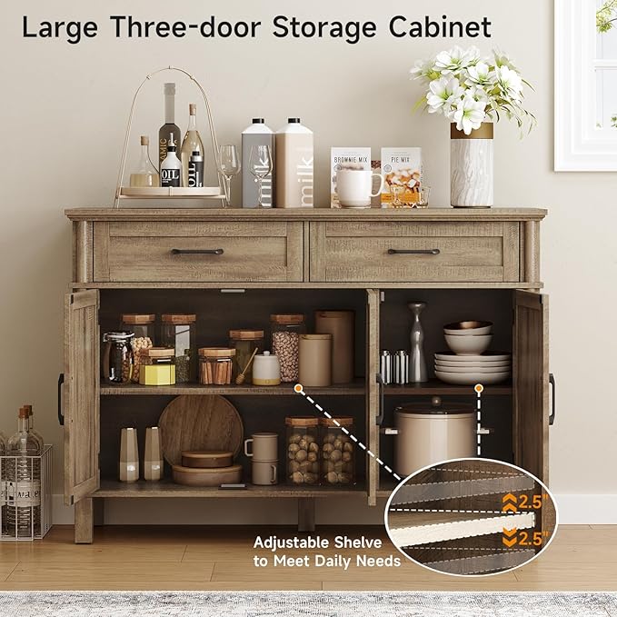 48 Inches Buffet Cabinet with Storage, Farmhouse Sideboard Buffet w/2 Drawers and 3 Doors, Wood Coffee Bar Cabinet with Adjustable Shelves, Sideboard Storage for Kitchen, Living Room, Washed Grey