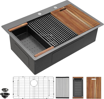 33"x19" Black Drop-In Kitchen Sink – Gunmetal Black NANO-PVD, 16-Gauge 304 Stainless Steel, Single Bowl Ledge Workstation Top Mount Kitchen Sink Basin with Accessories