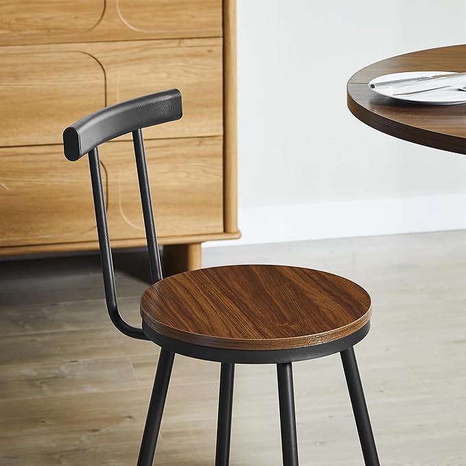 SOFTSEA 3 Pieces Round Bar Table and Chairs Set for 2, Metal Dining Table Set with Storage, Small Round Kitchen Table with 2 Chairs, Save Space, Walnut
