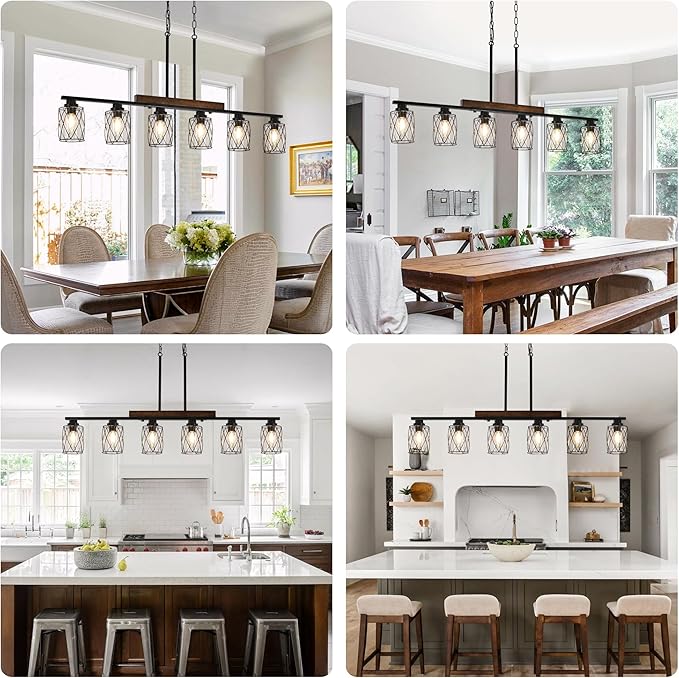 6-Light Dining Room Light Fixture/Chandelier Over Table, Island Lighting Hanging for Farmhouse Linear Chandeliers Matte Black Rustic Wood Ceiling Pendant Light Fixtures, with Clear Glass Shade