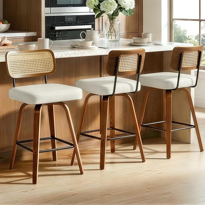 Swivel Bar Stools Set of 2, 26" Upholstered Counter Height Bar Stools with Rattan Back and Bent Walnut Wood Legs, Faux Leather Modern Barstools for Kitchen Island,Rattan Beige