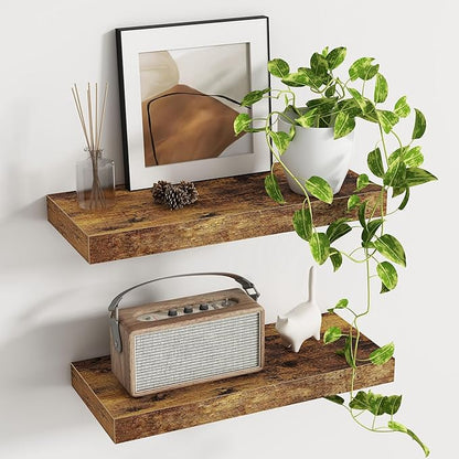 Deep Floating Shelves - 16" W x 9.3" D x 1.6" H Rustic Brown Wall Shelf - Wall Mounted Shelves for Decor & Storage - Wooden Shelves with Invisible Brackets for Living Room, Kitchen - Set of 2