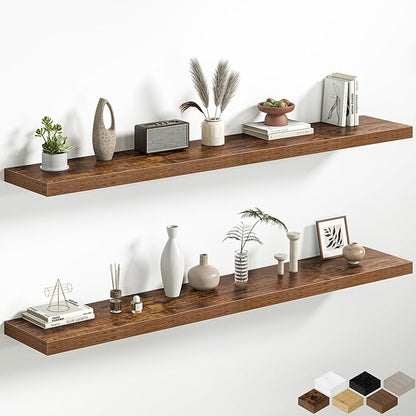 Fun Memories 66 Inch Floating Shelves, 12 Inch Deep Wall Shelf for Fireplace Mantel, Rustic Brown Deep Storage Shelves for Home & Office, Long Floating Shelf with Invisible Bracket, Set of 2