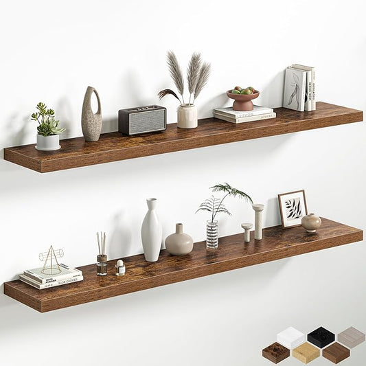 Fun Memories 66 Inch Floating Shelves, 12 Inch Deep Wall Shelf for Fireplace Mantel, Rustic Brown Deep Storage Shelves for Home & Office, Long Floating Shelf with Invisible Bracket, Set of 2