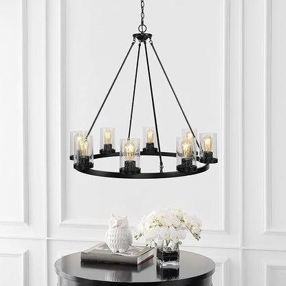 JONATHAN Y 33.5" Oil Rubbed Bronze 8-Light Rustic Farmhouse LED Chandelier, Round Metal Wagon Wheel Pendant Lighting for Dining Room Kitchen with Seeded Glass Shade (JYL7554A)