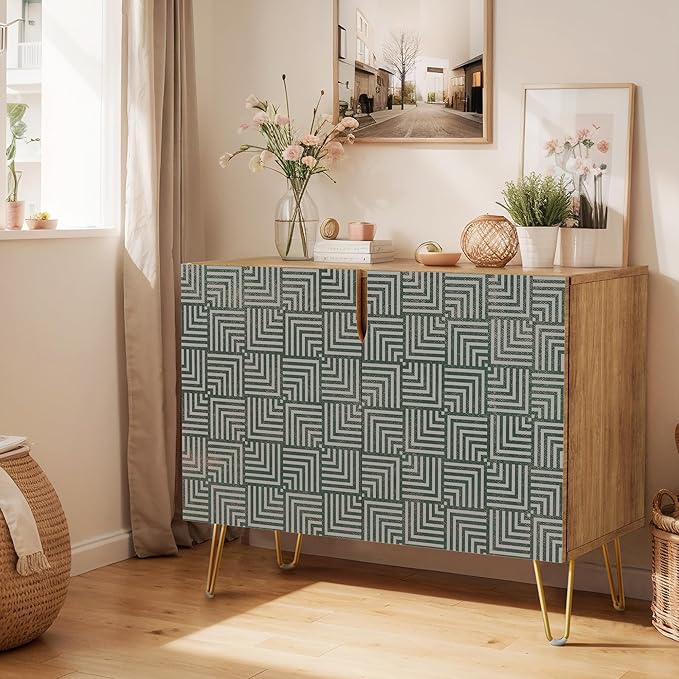 SIGNWIN Sideboard Buffet Cabinet, Kitchen Storage Cabinet with 2 Doors, Black Gray Geometric Square Pattern, Cupboard Console Table for Dining Room - 35" L x 18" W x 29" H