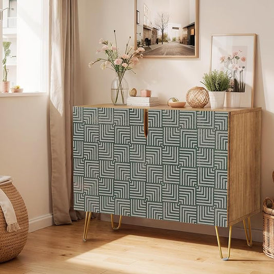 SIGNWIN Sideboard Buffet Cabinet, Kitchen Storage Cabinet with 2 Doors, Black Gray Geometric Square Pattern, Cupboard Console Table for Dining Room - 35" L x 18" W x 29" H